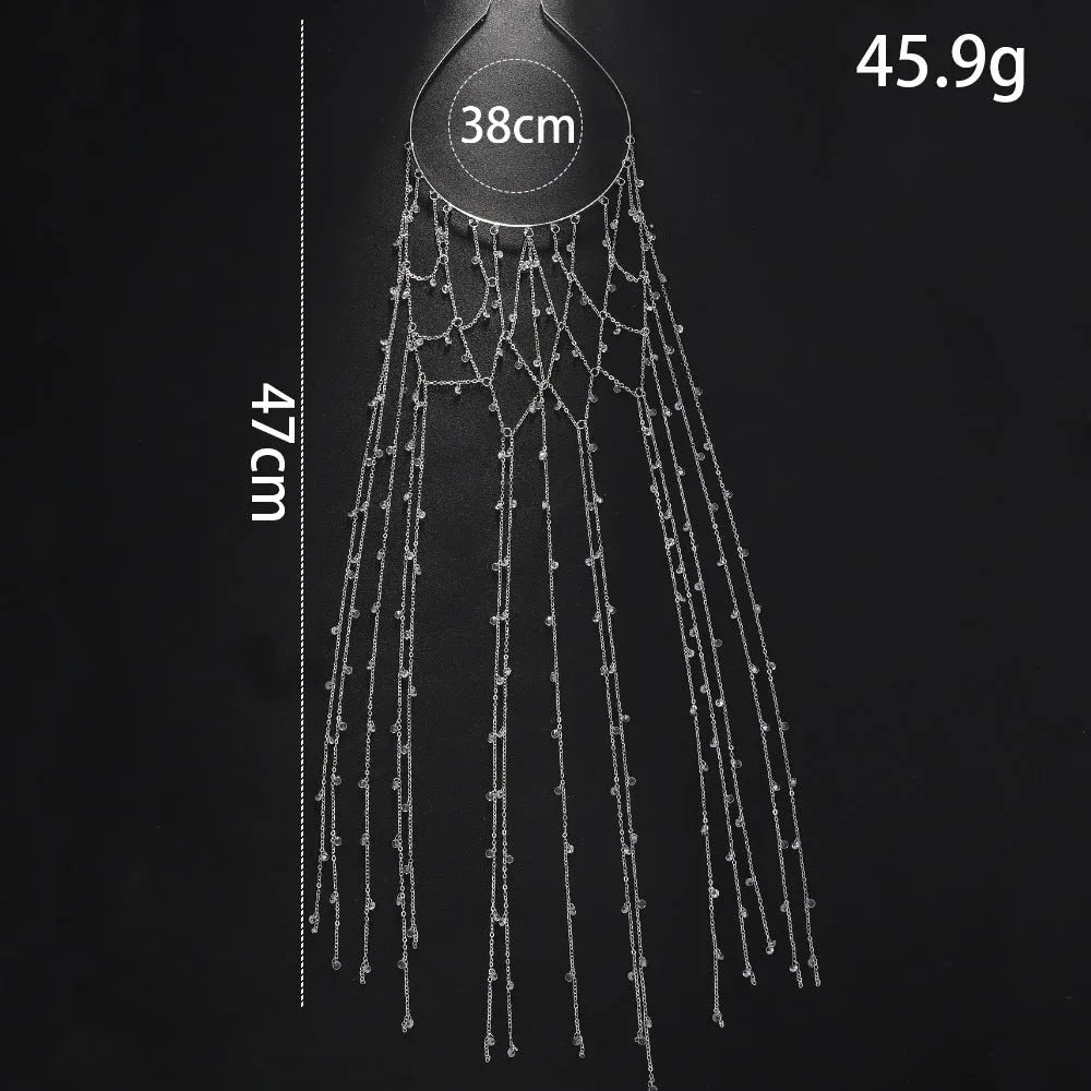 Mesh tassel rhinestone headband hair accessory in gold or silver electroplated colour