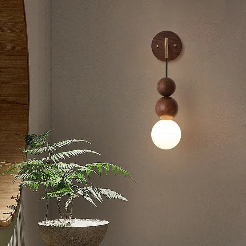 Walnut and copper lollipop suspension wall lamp with tricolour lighting