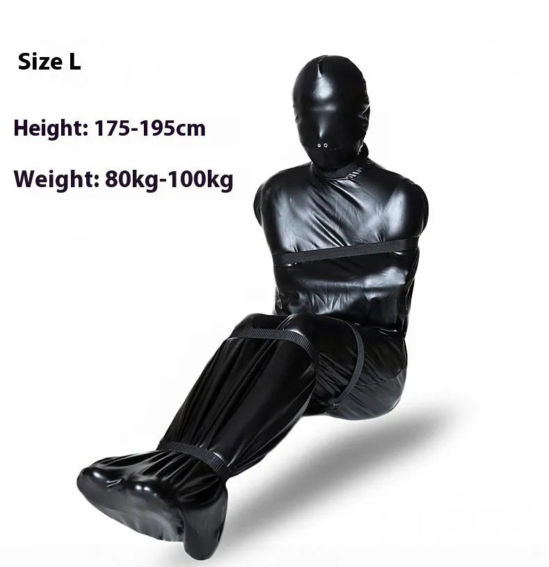 Black patent leather bondage set showing full-body restraint wrap and six ratchet tie-down pieces