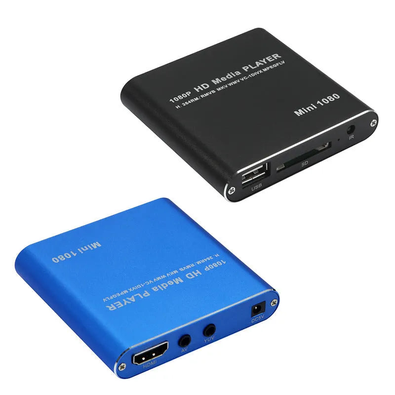 Compact black or blue 1080p Full HD media player with HDMI port, SD card slot and USB input
