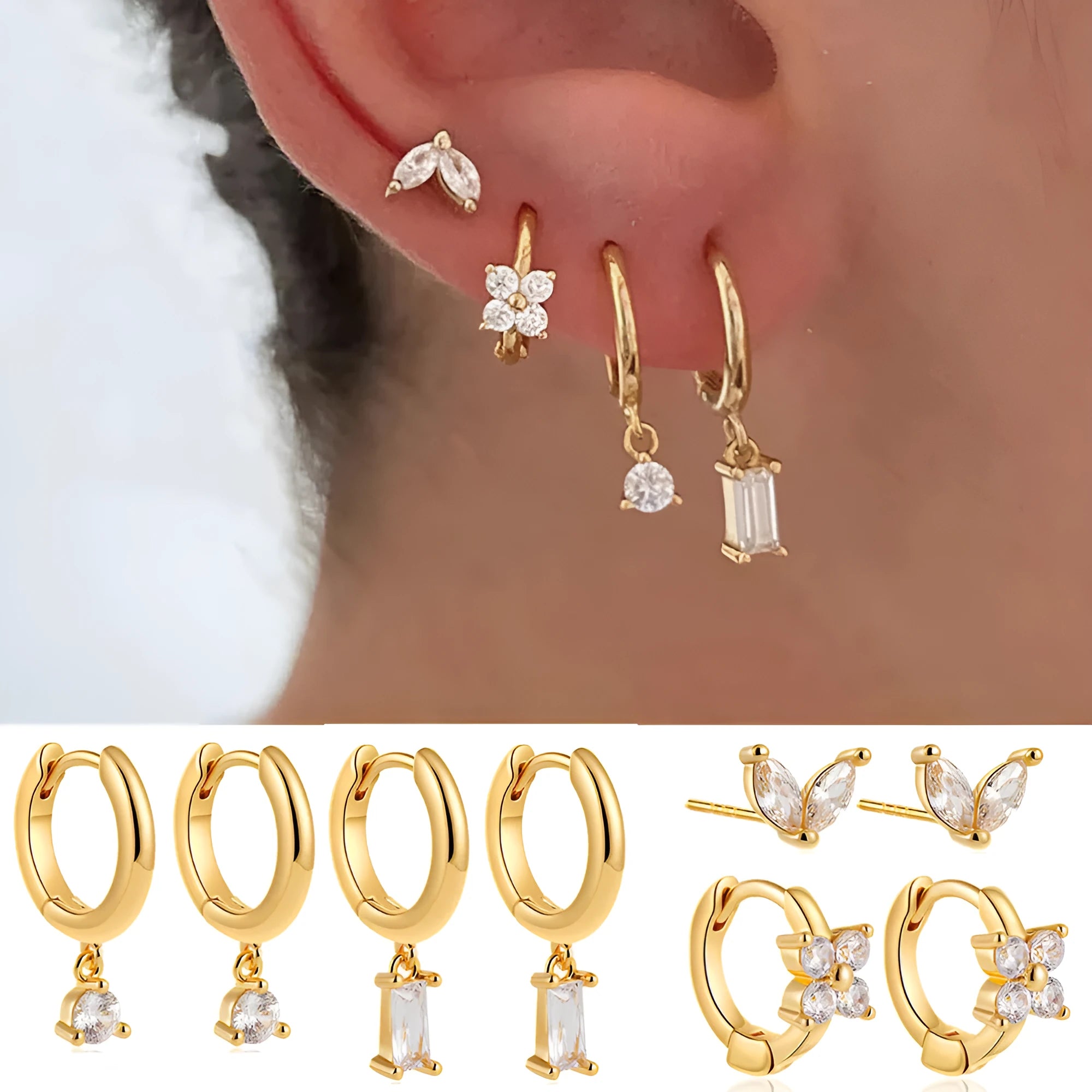 Four pairs of geometric copper earrings with zircon detailing in gold or silver electroplated finish
