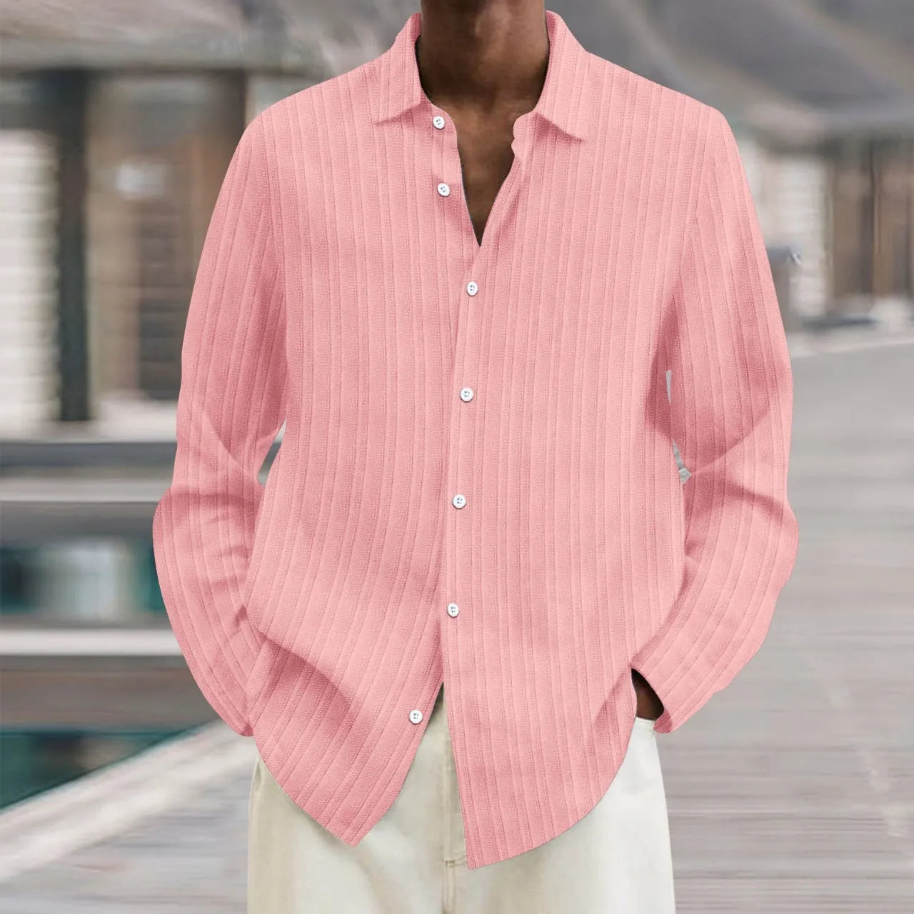 Men's striped cardigan shirt in British style with long sleeves and loose fit for summer business casual wear