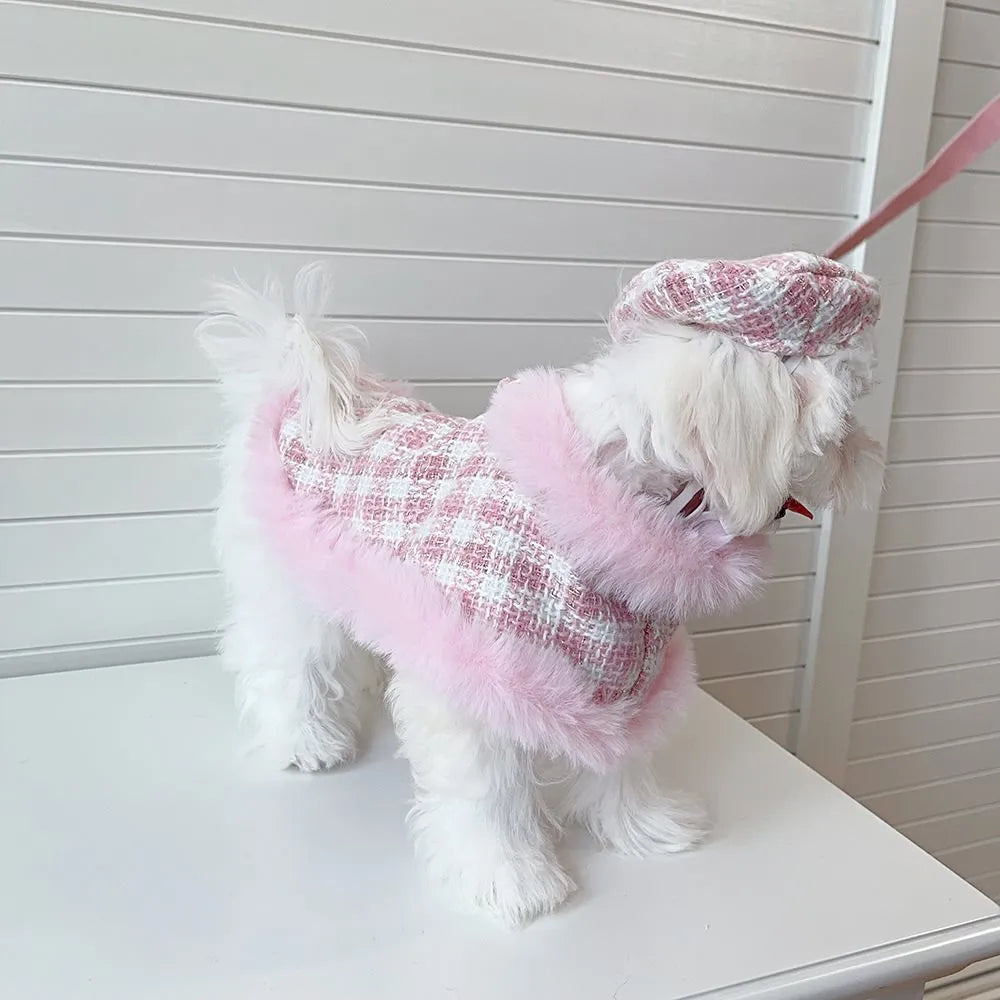 Pink cat cape and beret costume with hand-holding rope accessory in five size options