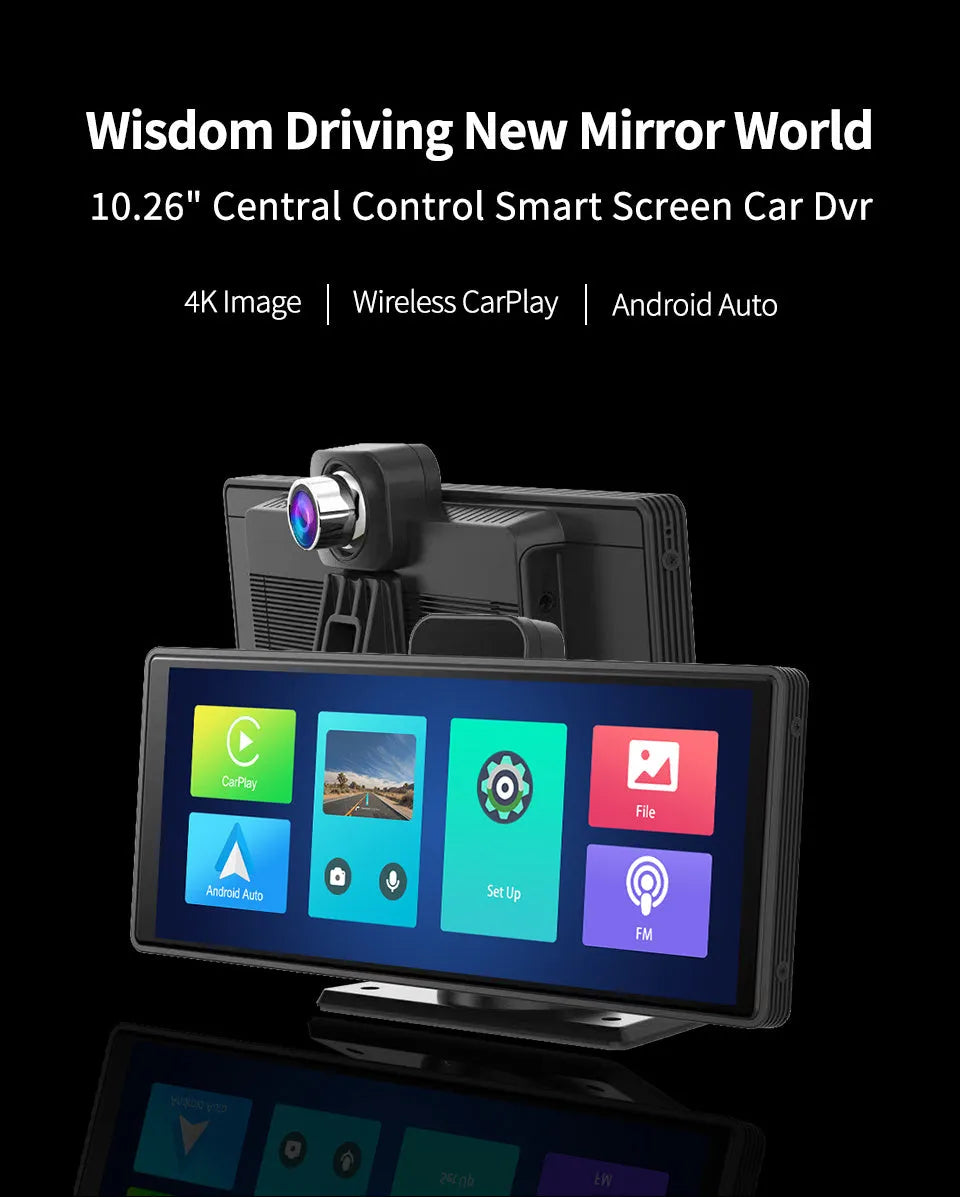 Black 10.26-inch touch screen car DVR with front and rear camera for dual recording.
