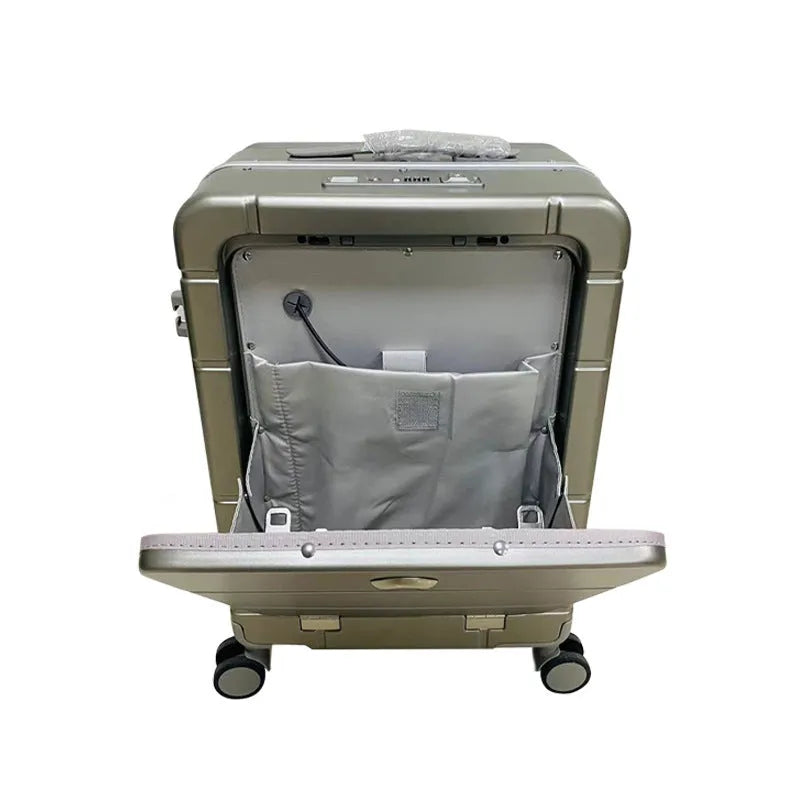 20-inch front-opening ABS PC suitcase in black showing cup holder and universal wheels.