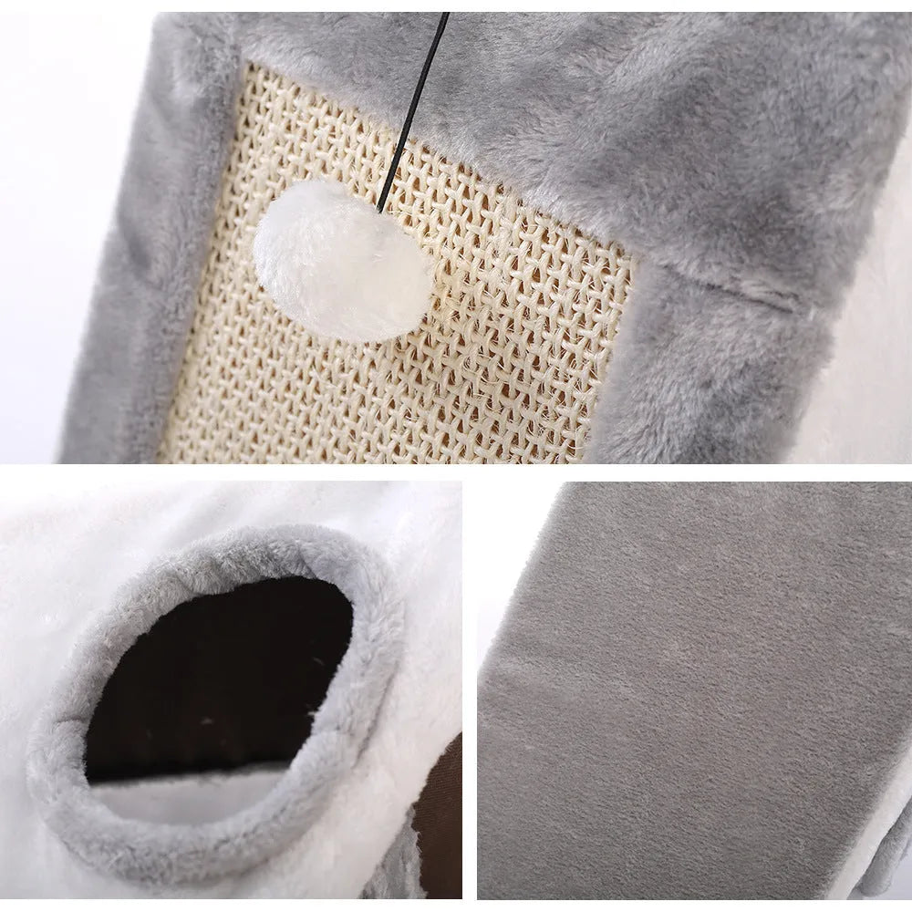 Triangle-shaped sisal cat scratching post and bed in grey and white colour option