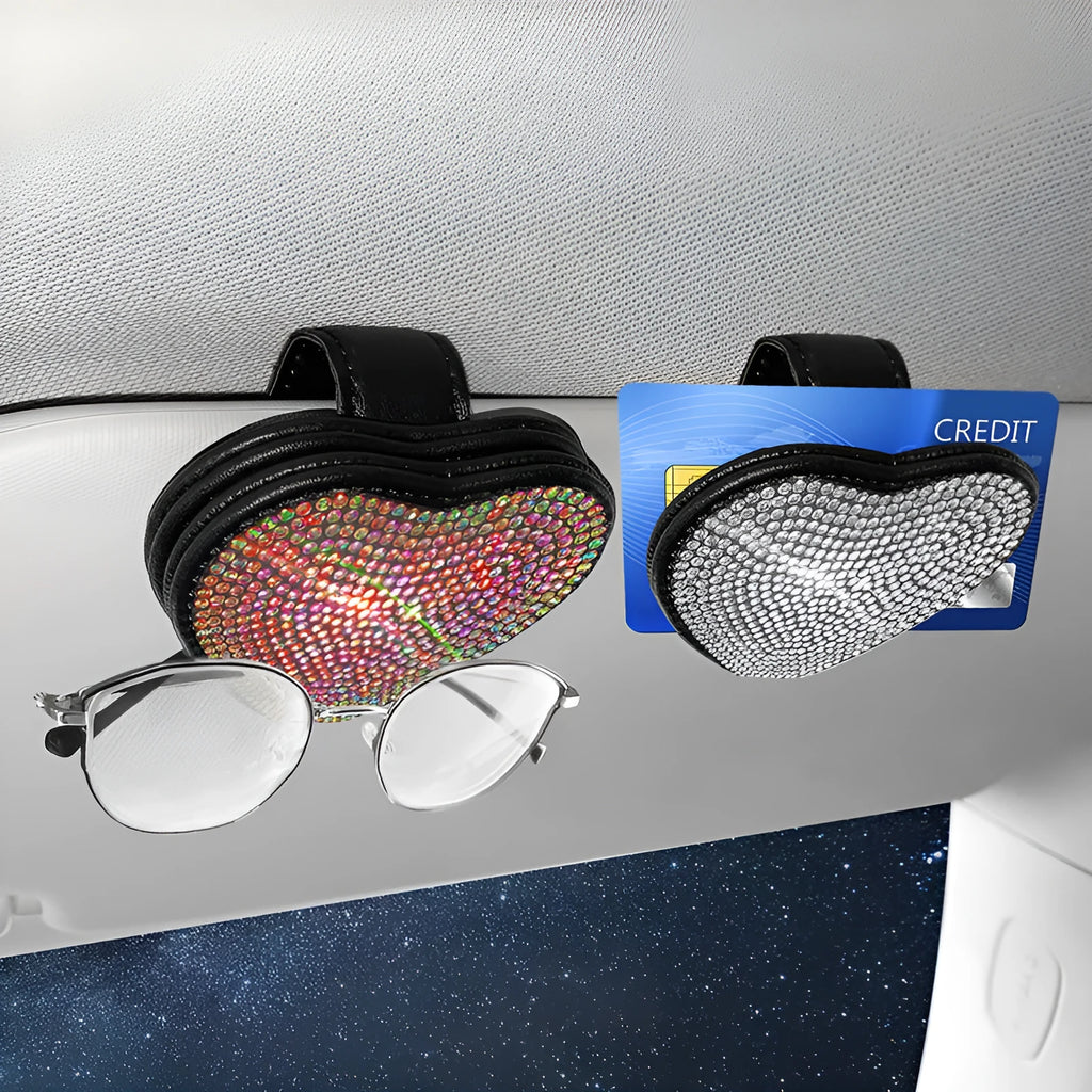 PU leather car sun visor clip with diamond decoration and magnetic closure, shown in multiple colours.