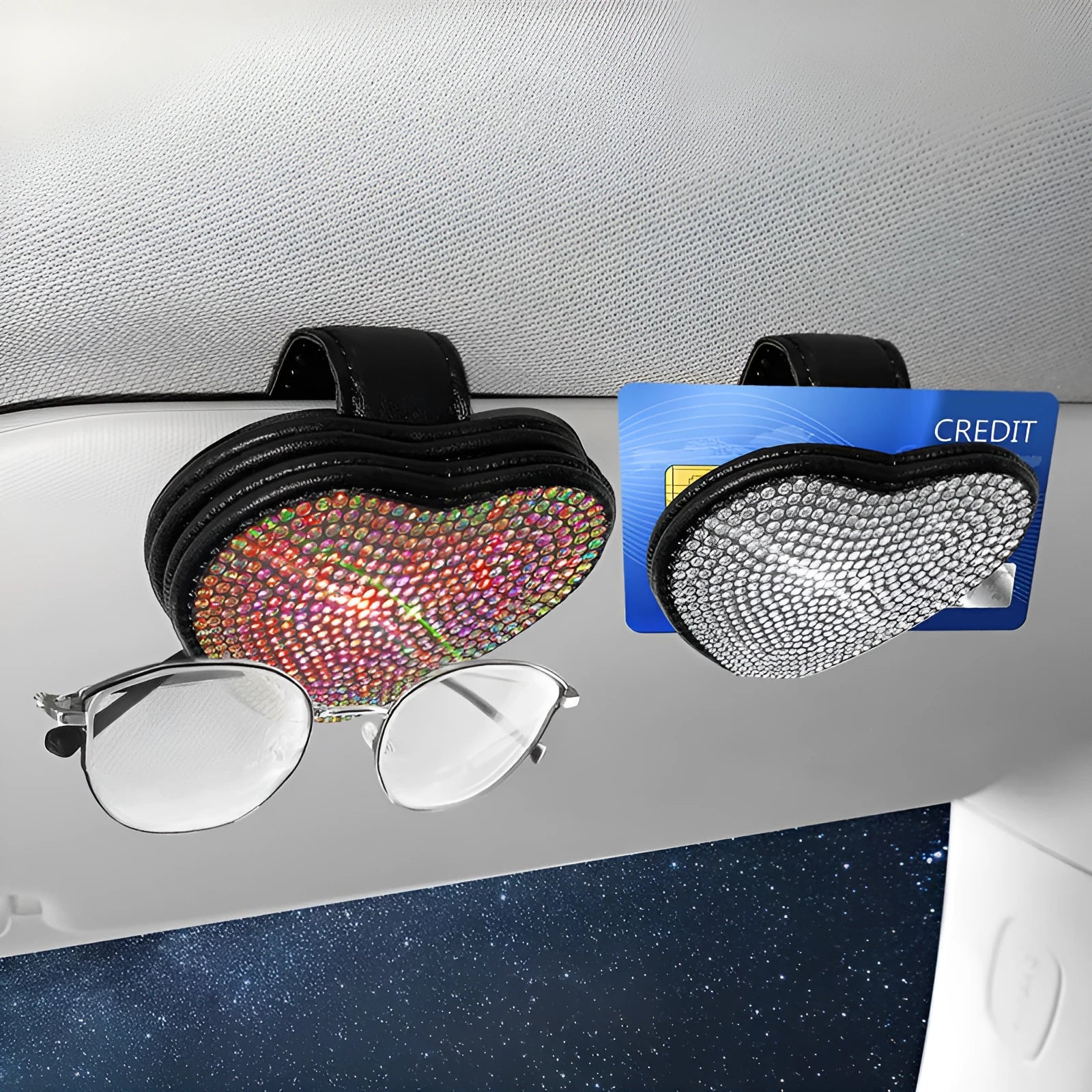 PU leather car sun visor clip with diamond decoration and magnetic closure, shown in multiple colours.