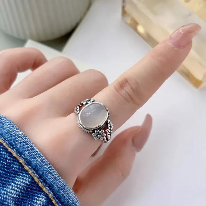 Adjustable open mouth copper vintage ring with white chalcedony colour stone