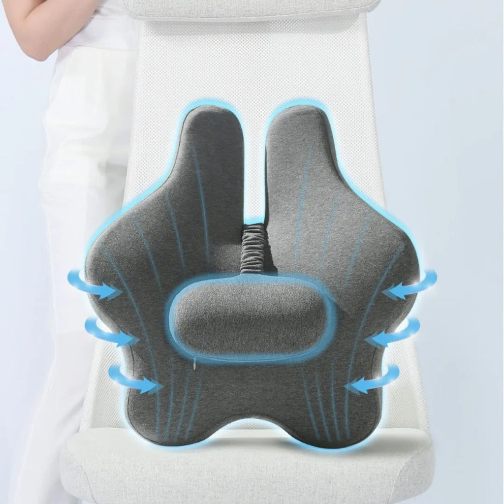 Adjustable memory foam car cushion for lumbar support in black colour on car seat