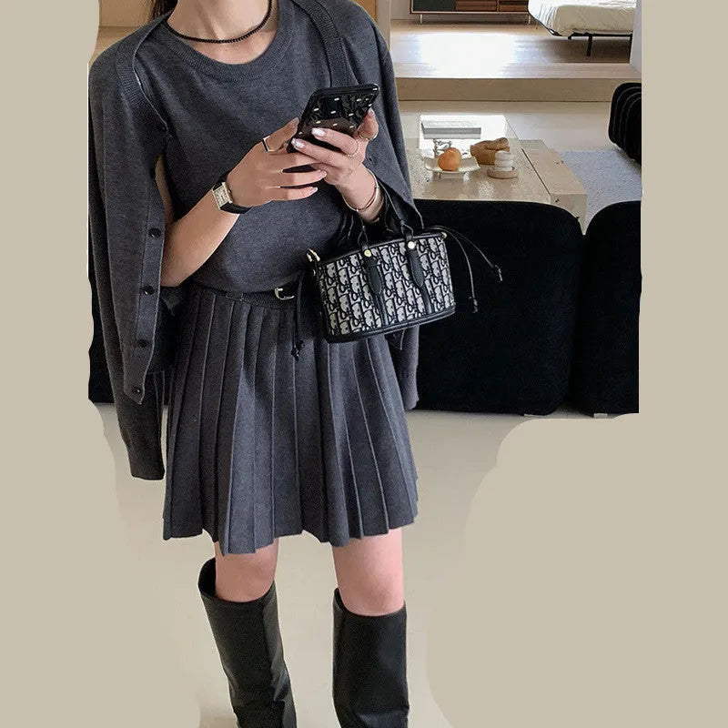 Women's grey art retro knitted vest skirt and long sleeve cardigan two-piece set with belt detail