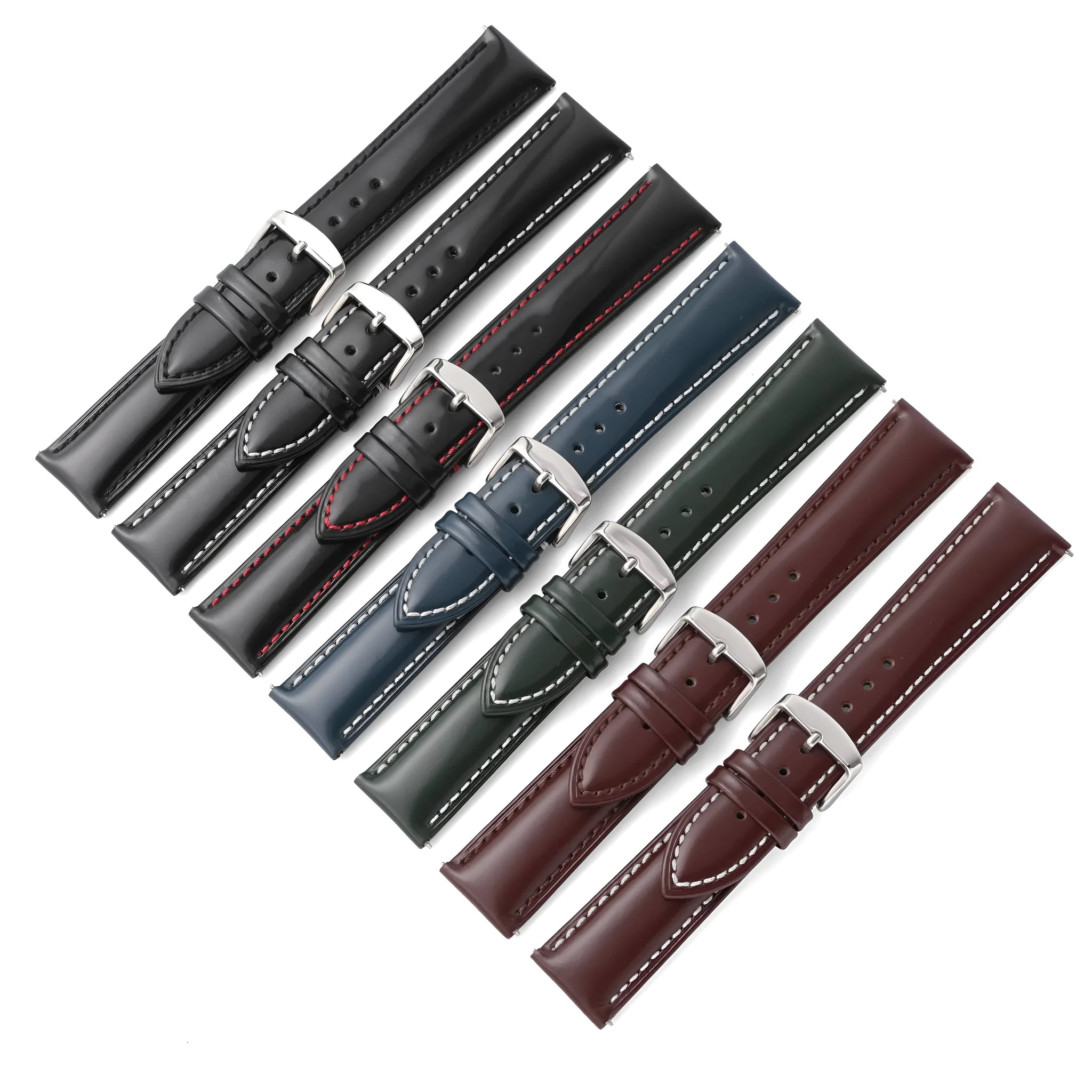 Quick release cowhide leather watch strap shown in black and dark brown colours with visible spring bar mechanism.