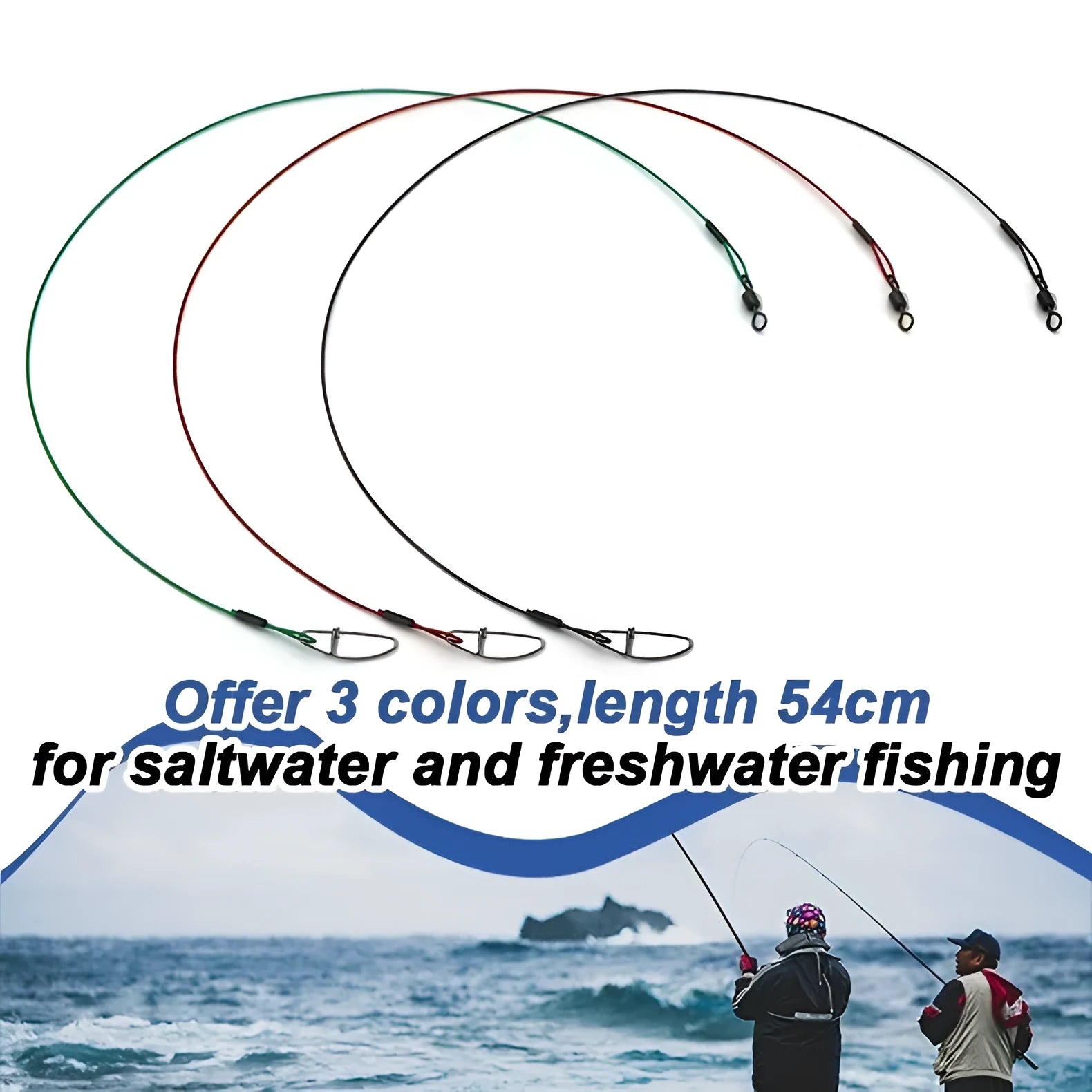 Set of 10 steel wire fishing leaders with double buckle pins in green, black, and red.