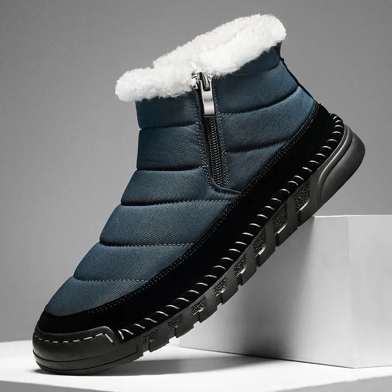 Men's plus size snow boot in blue with round toe, flat heel, and non-slip rubber sole