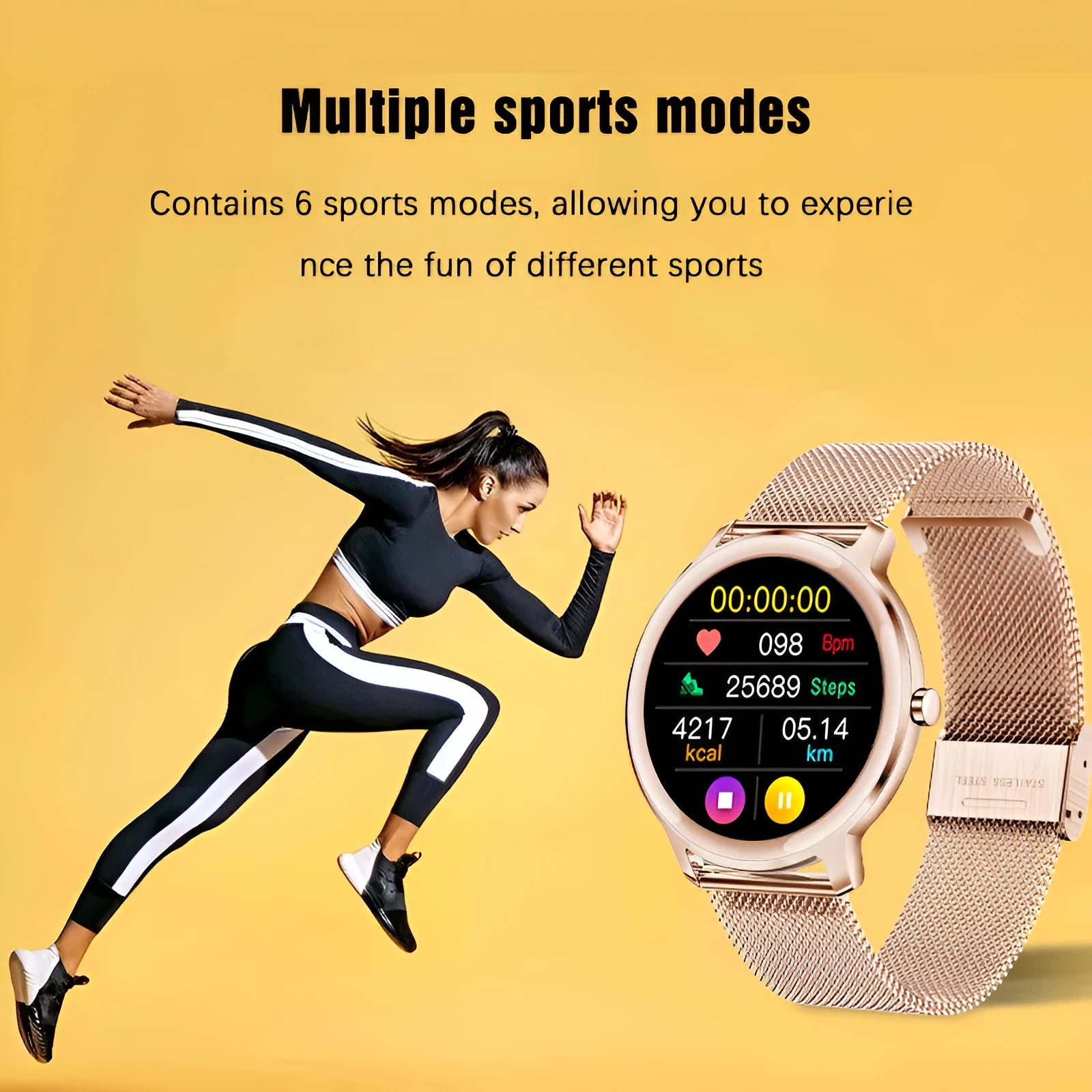 Women's Bluetooth smart watch with 1.3-inch touch screen showing stainless steel and mesh band options in rose colour and silver
