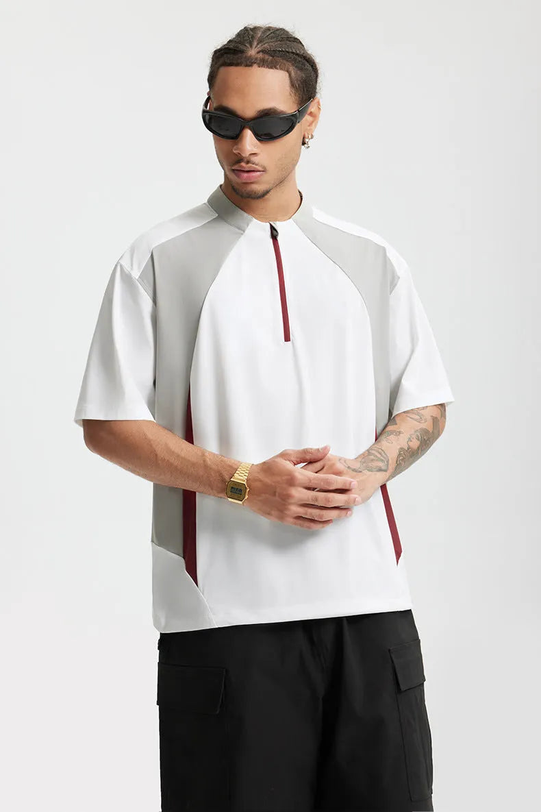 Men's lightweight polyester casual top in black and beige with long and short sleeve options