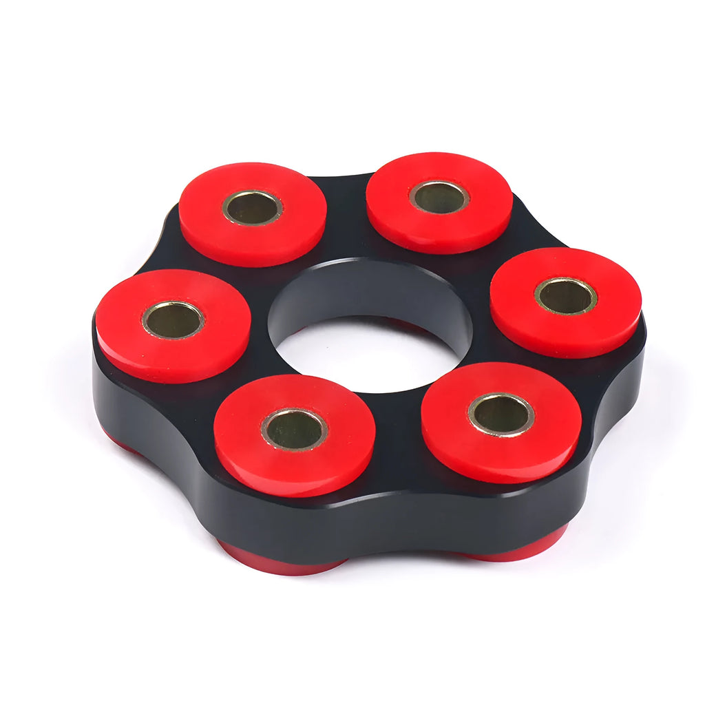 Red polyurethane and aluminium drive shaft connecting plate bracket for BMW E46, E36, E30 models.