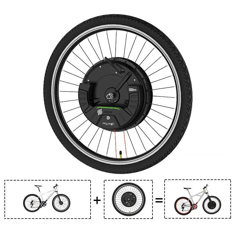 Yunzhilun 26 inch bicycle electric conversion kit showing hub motor wheel, lithium battery pack, and charger