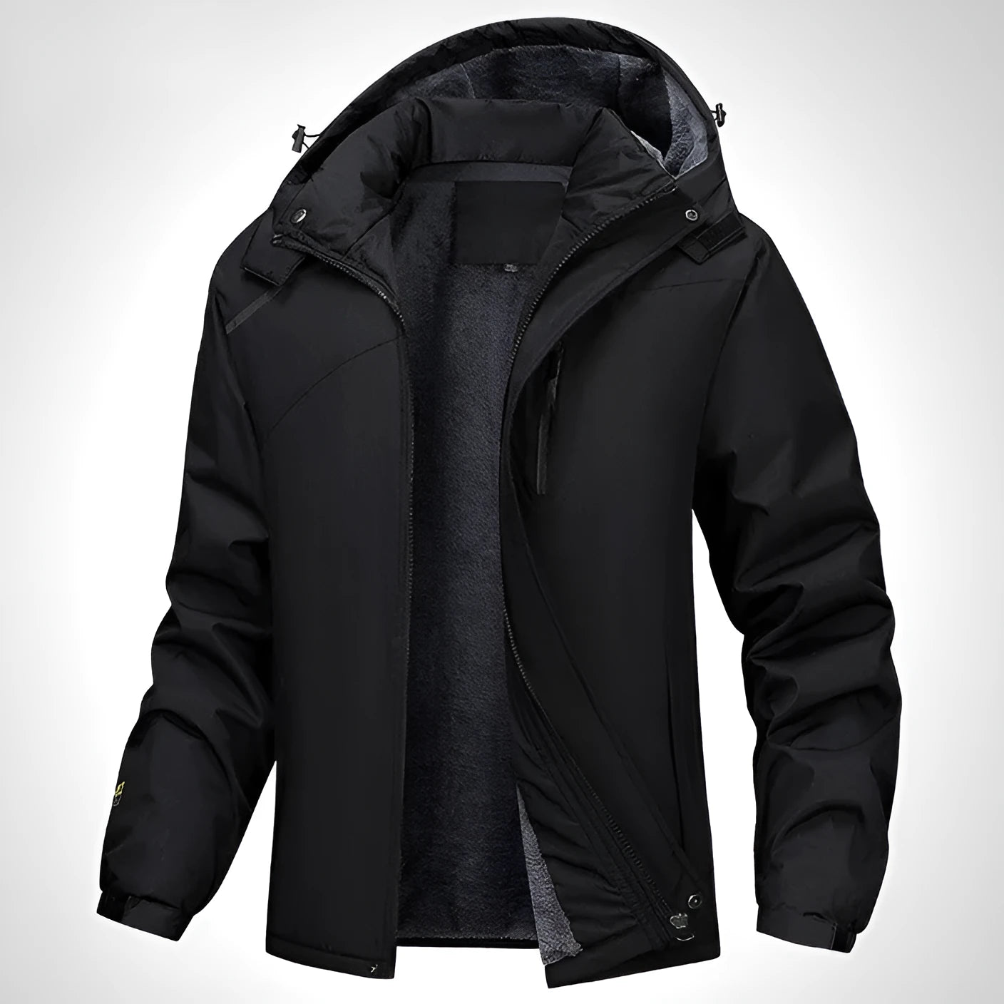 Man wearing a plus size Army Green waterproof hooded coat outdoors.