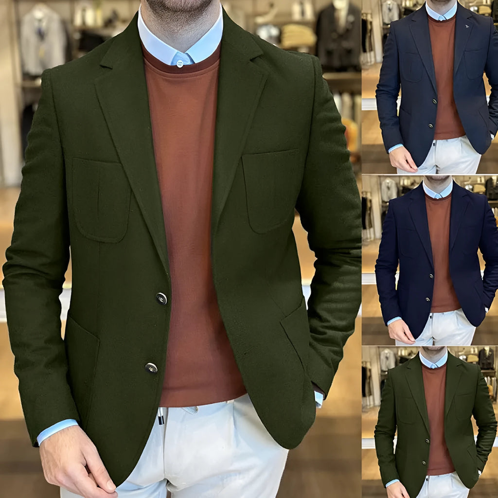 Men's casual cotton suit jacket in loose retro style showing solid colour options including Army Green