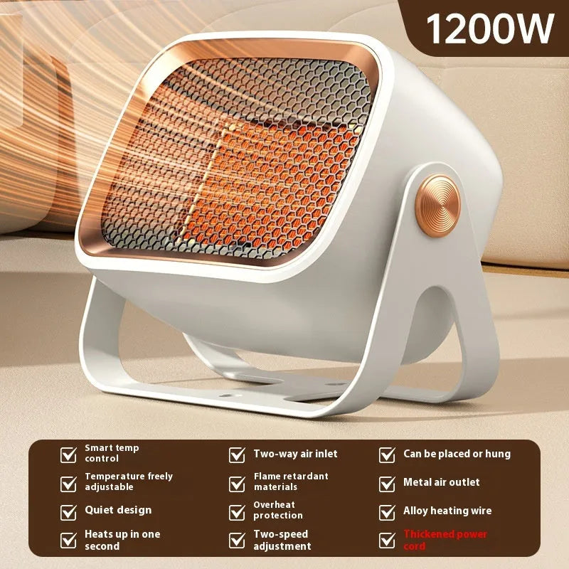 White desktop ceramic heater with rotatable base and push-button controls on wooden surface