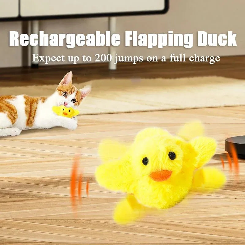 Yellow flapping duck electric cat toy with removable plush cover and USB charging cable
