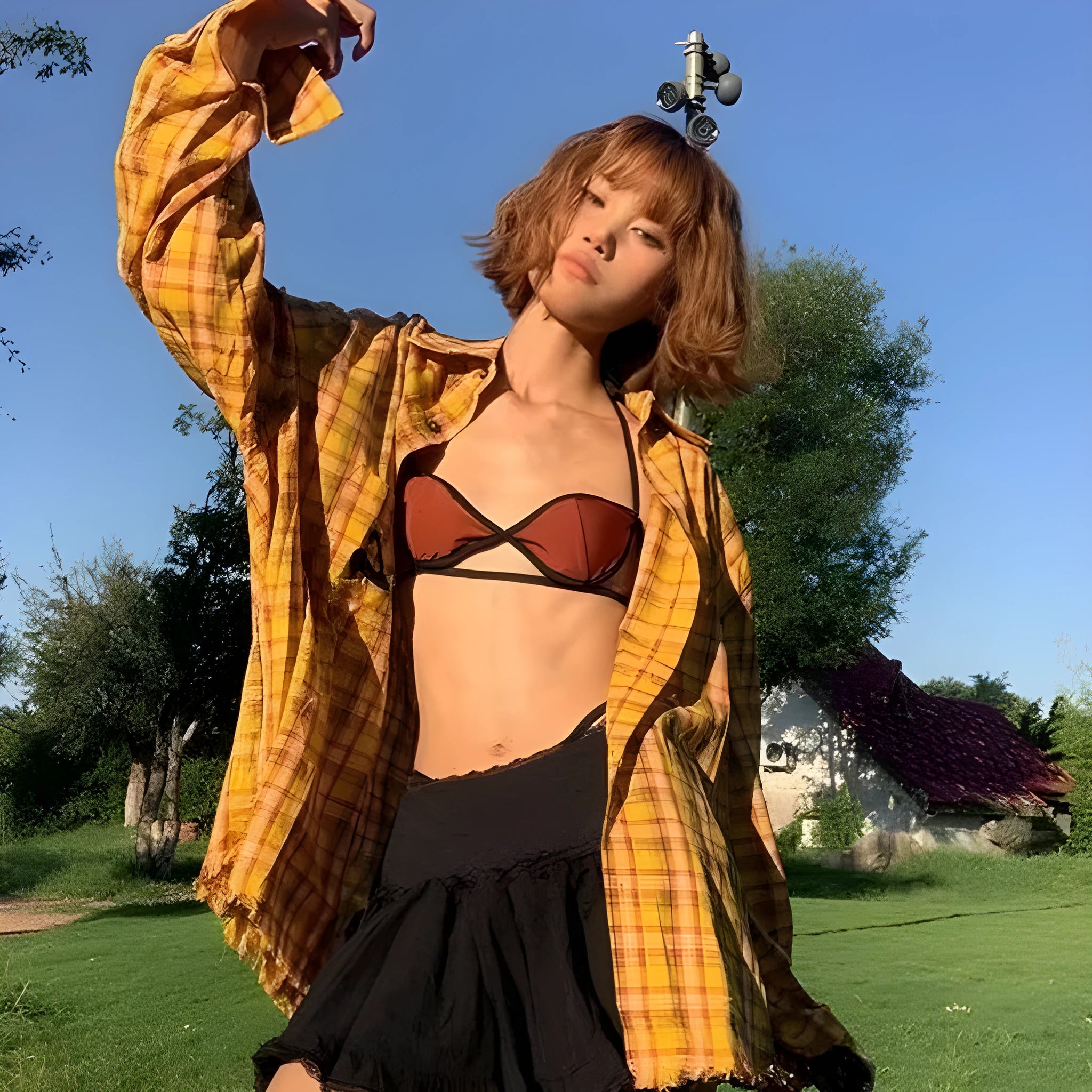 Dopamine yellow plaid shirt in loose fit design with cardigan style