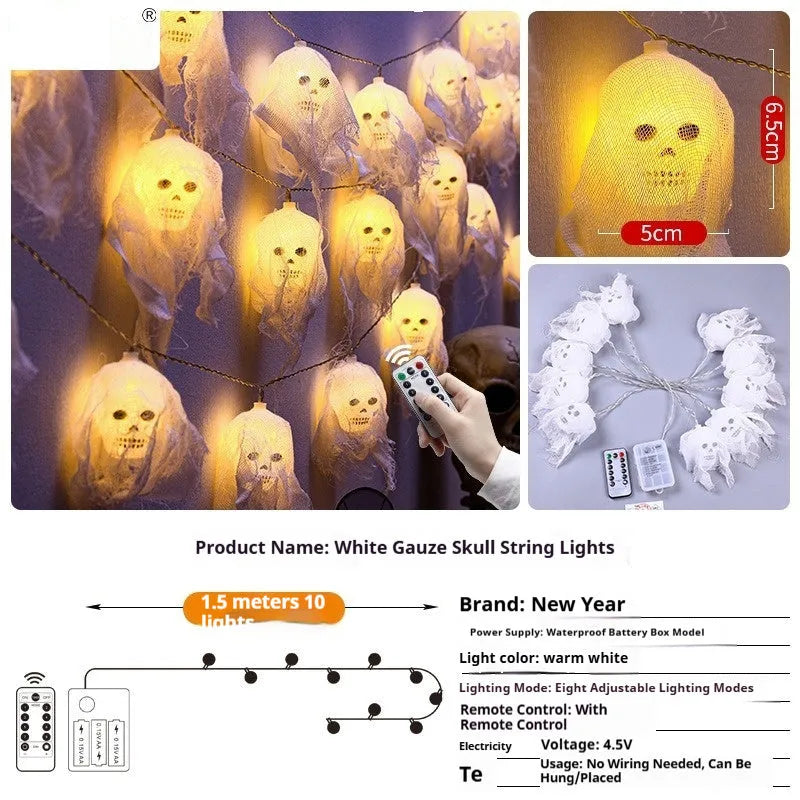 Halloween coloured battery-powered LED string lights showing plastic housing and multiple coloured light beads