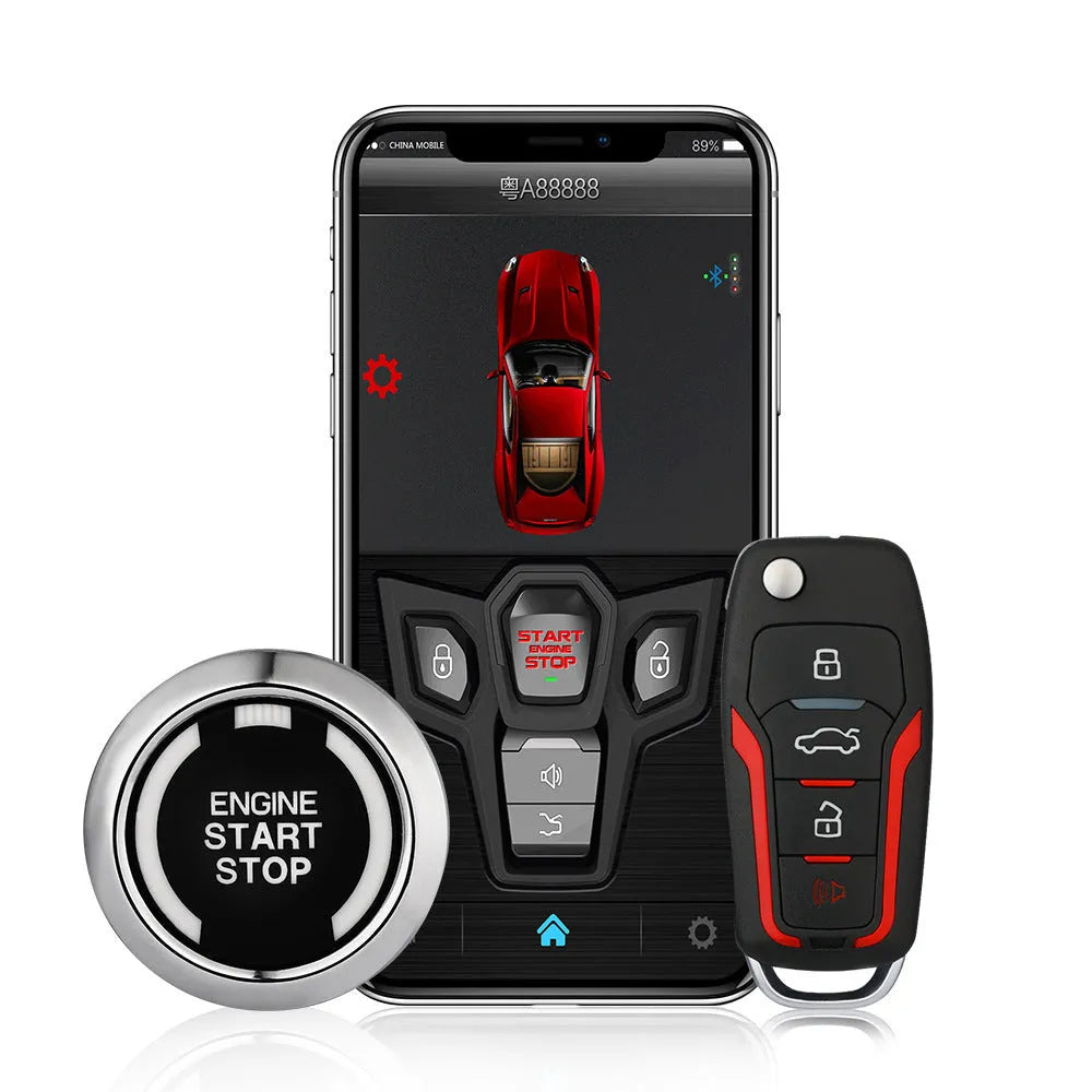 Red and black one-way remote control car alarm system with two remotes for 3000 metre vehicle security.