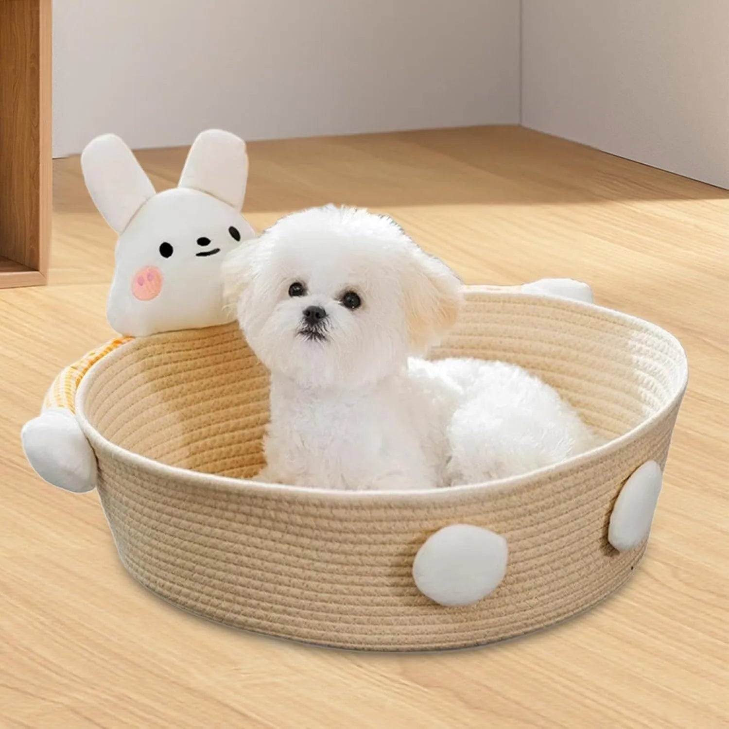 Woven cotton rope cat bed with integrated scratching surface in basket design