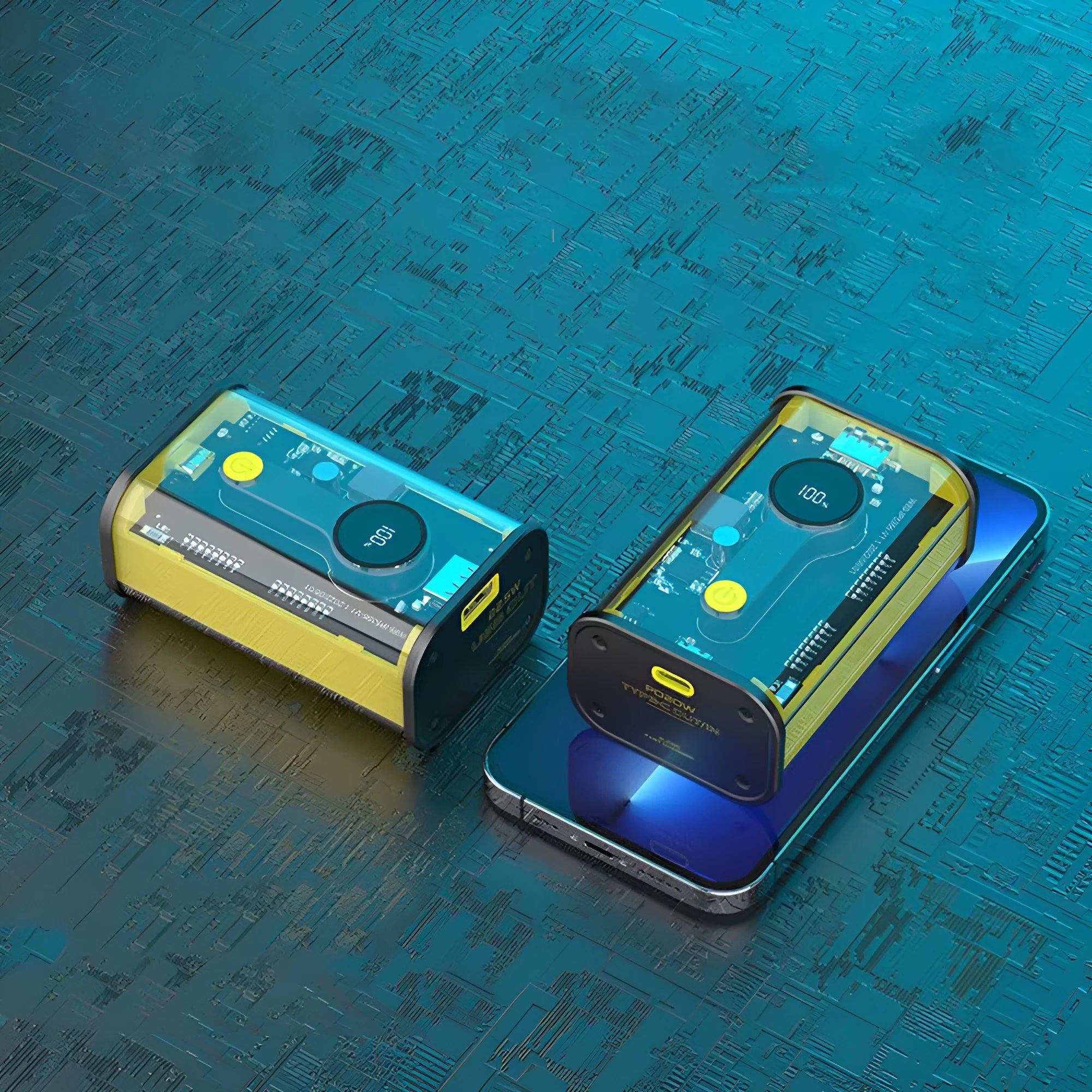 Transparent yellow industrial power bank showing internal battery components with aluminium casing