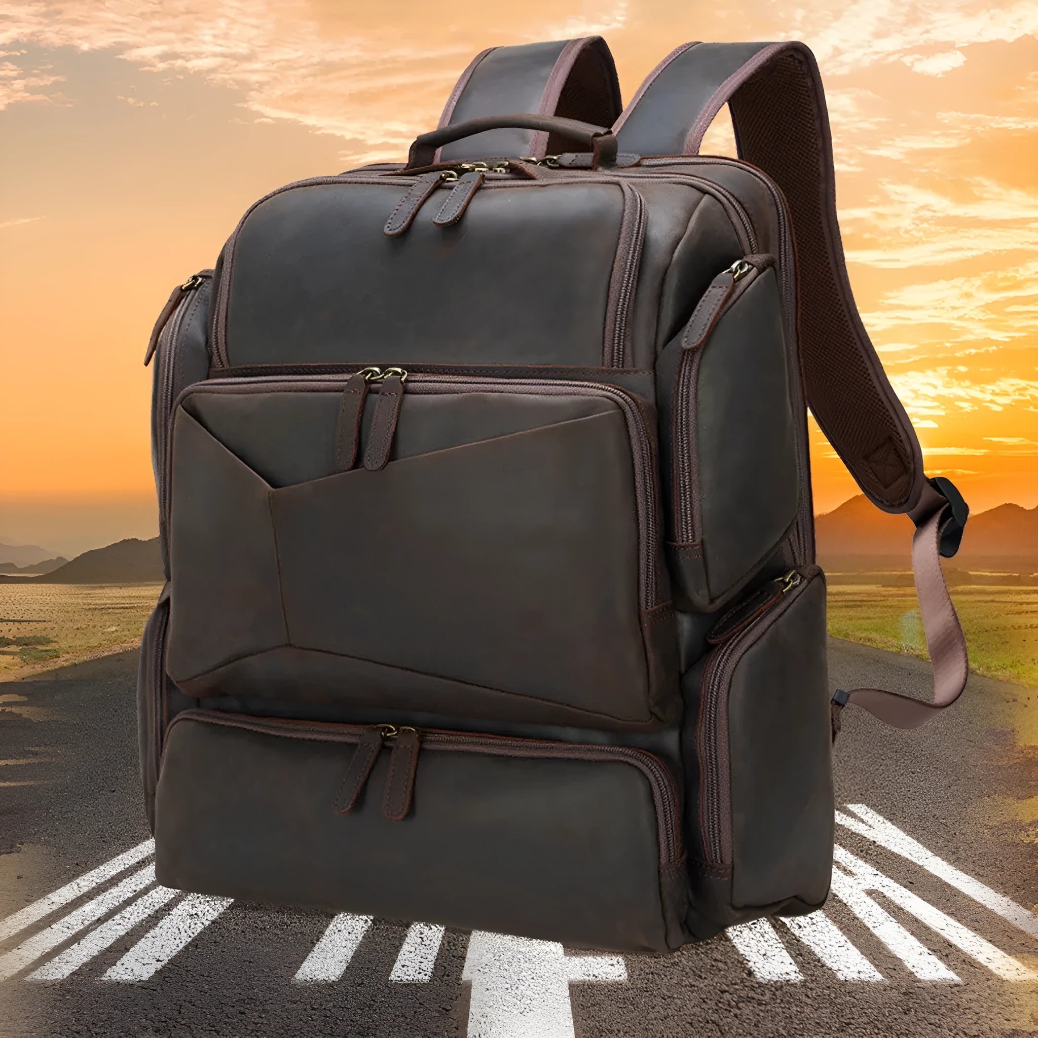 Dark brown retro leather backpack for men showing front view and open compartments.