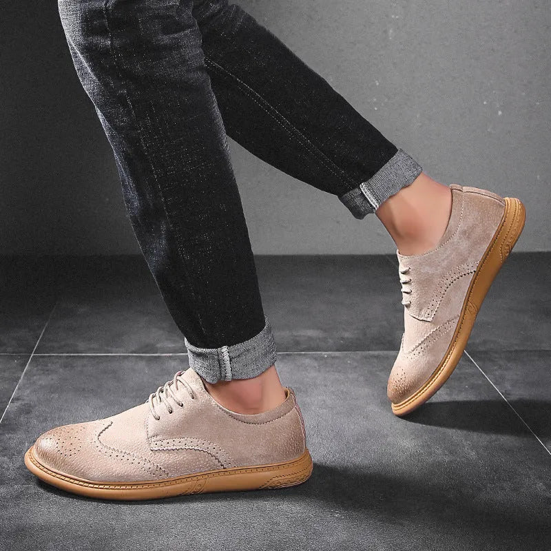 Men's genuine leather business shoes with lace-up design in black, gray, green, and sand colours