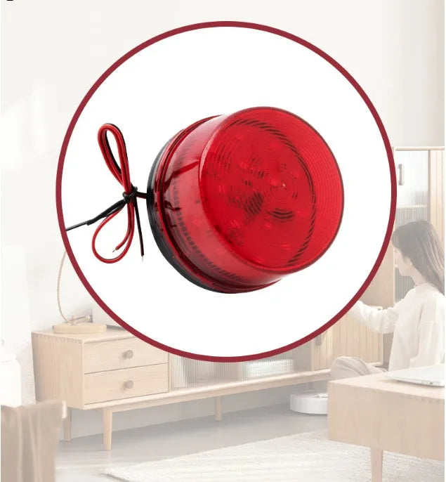 24V warning alarm light unit showing compact 73mm diameter design with LED strobe and audible alarm components