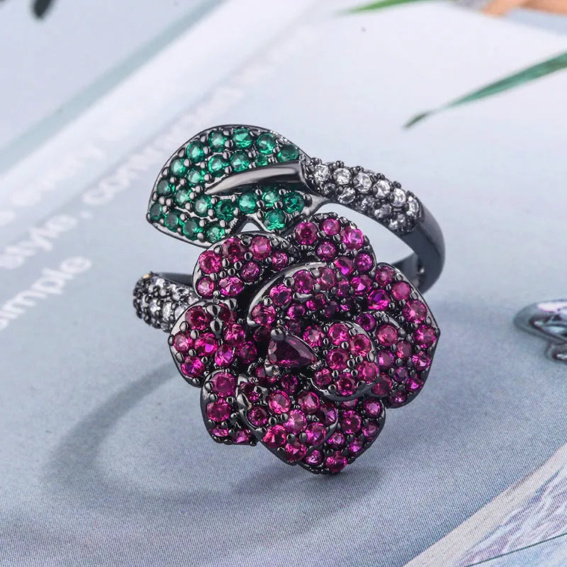 Geometric black gold ring with gold-plated red corundum centrepiece for women