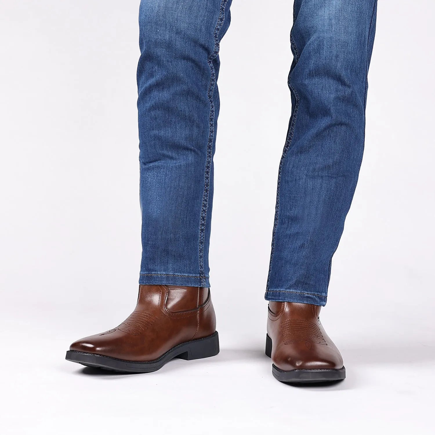 Men's brown retro cowboy boots with high embroidered wide shaft and square toe