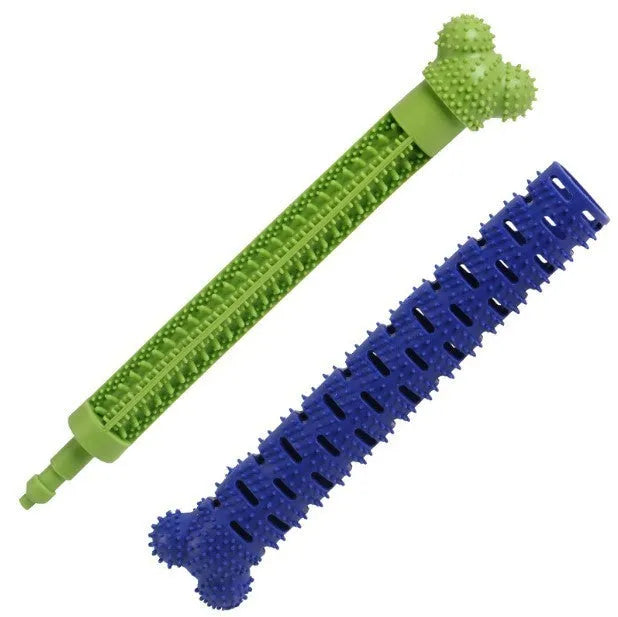 Blue-green silicone dog tooth cleaning stick with brush hair core measuring 25cm long