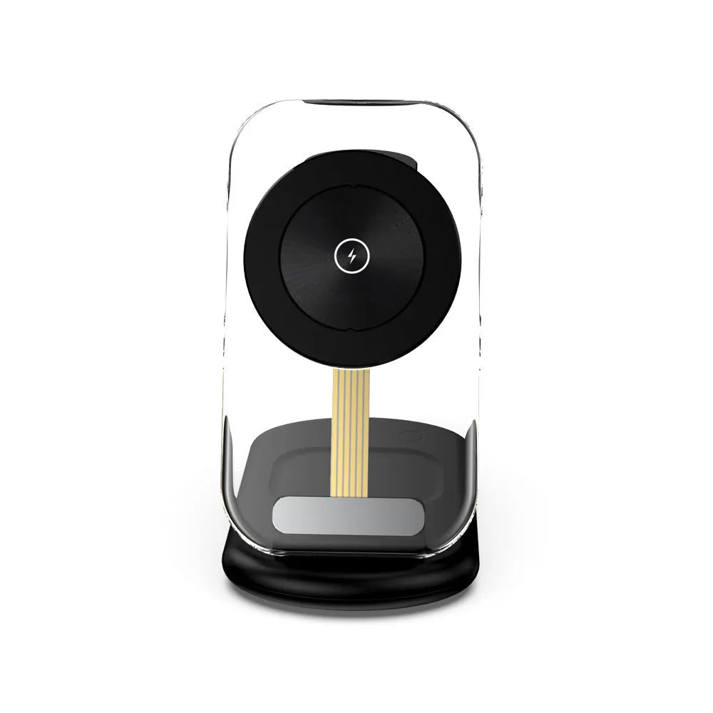 Transparent foldable magnetic wireless charger showing internal components with QC3.0 fast charging