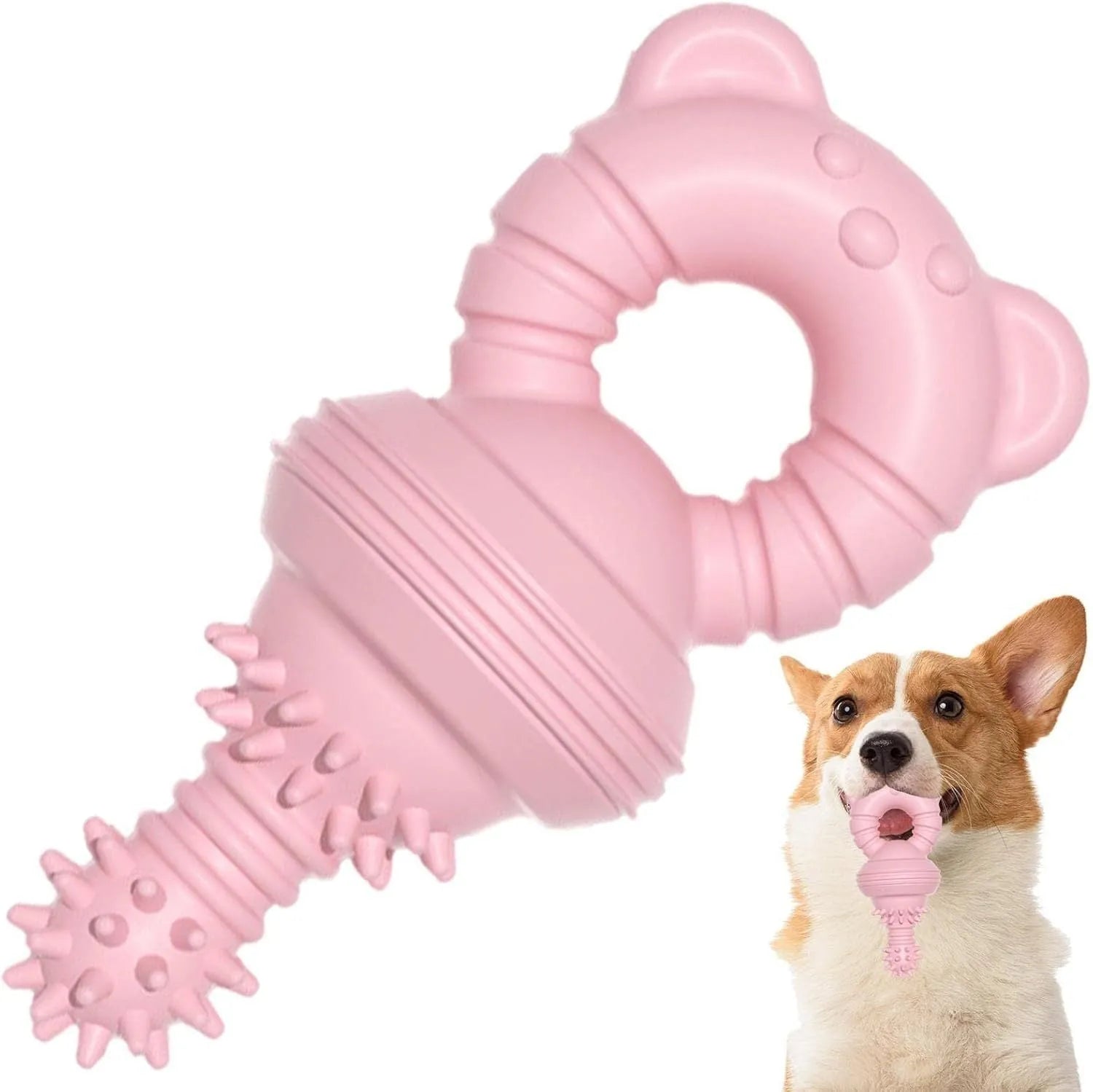 Blue rubber dog chew toy with textured surface and bell inside for dental cleaning and play