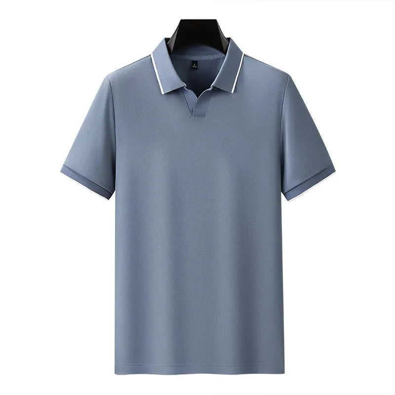 Men's solid colour short sleeve polo shirt with a lapel collar, shown in multiple colour options.