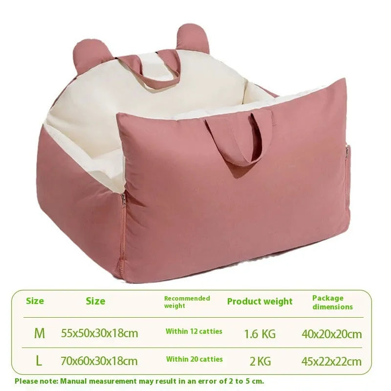 Removable washable car kennel for dogs in vehicle, showing two size options and four colour variations