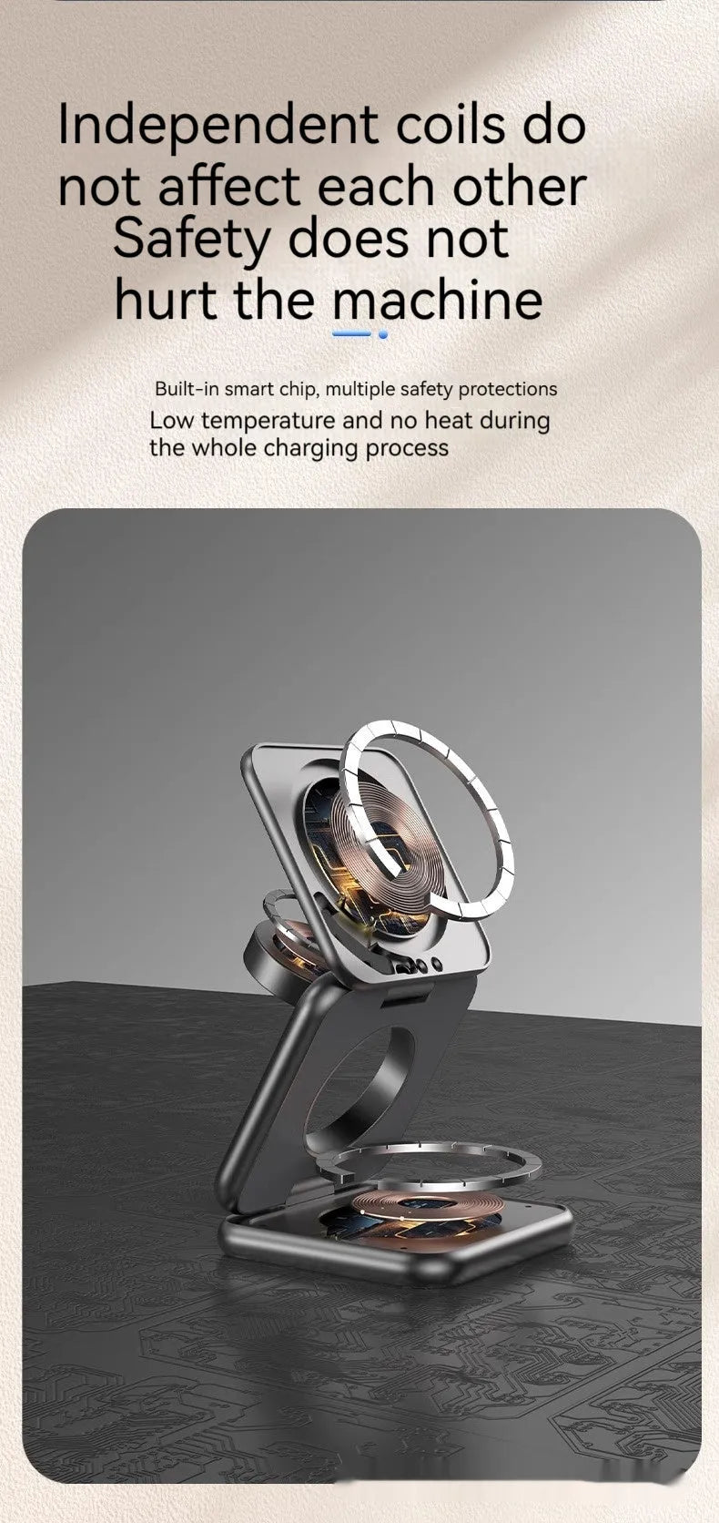 Foldable magnetic wireless car phone charger holder in white on car dashboard