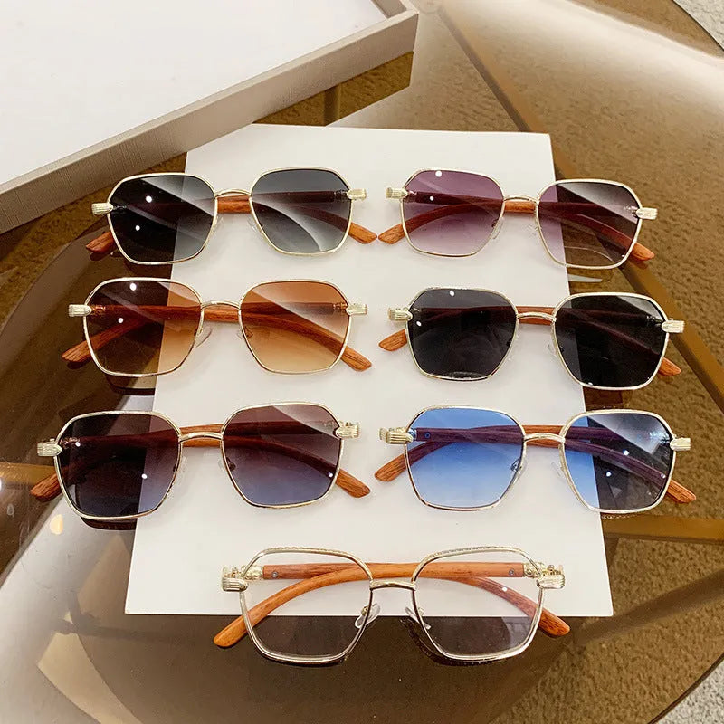 Women's frameless fashion glasses with wood grain alloy frame and coloured lenses.