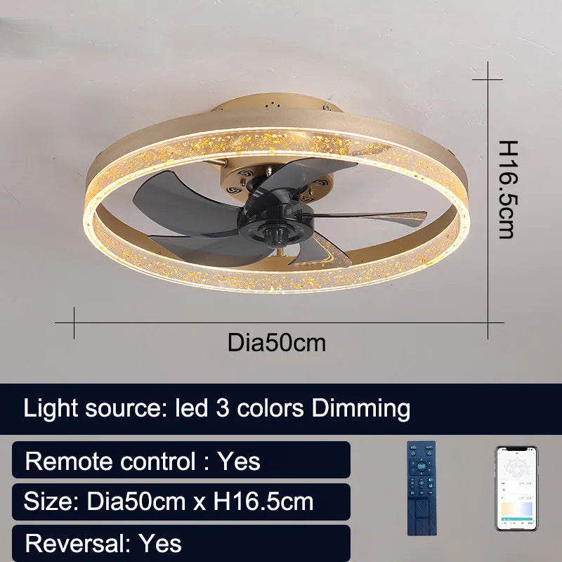 Nordic-style ceiling fan lamp with light and remote control, 50cm diameter in coffee gold finish.