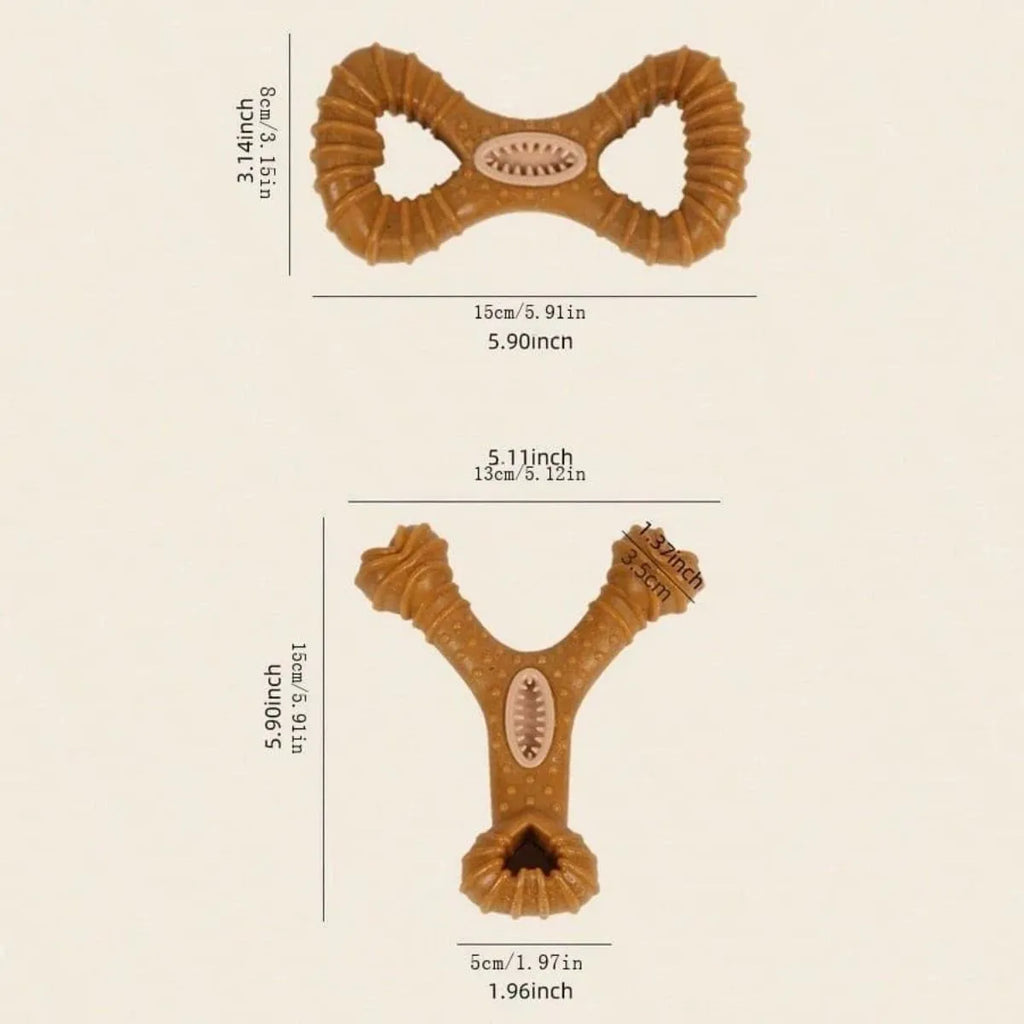 Dog chew bone toy showing 8shape and Y shape configurations for teeth cleaning and interactive play