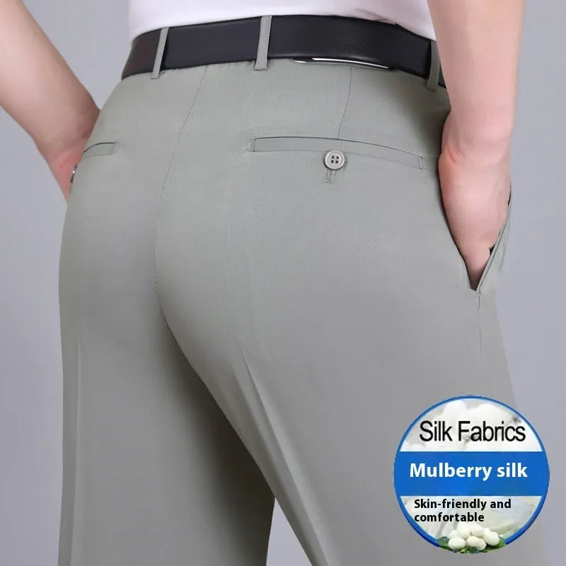 Men's non-iron mulberry silk blend business trousers in straight leg cut with high waist