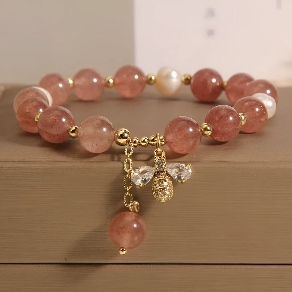 Strawberry quartz freshwater pearl bracelet with zircon alloy clasp in Japanese Korean style
