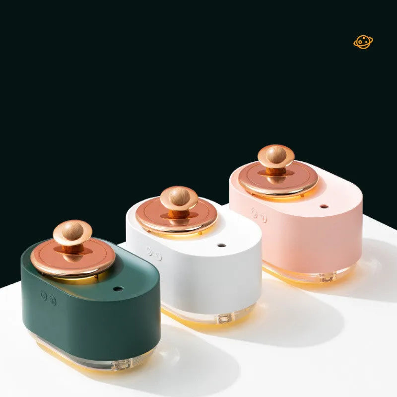 Green rotating planet-shaped USB humidifier with night light on a car dashboard