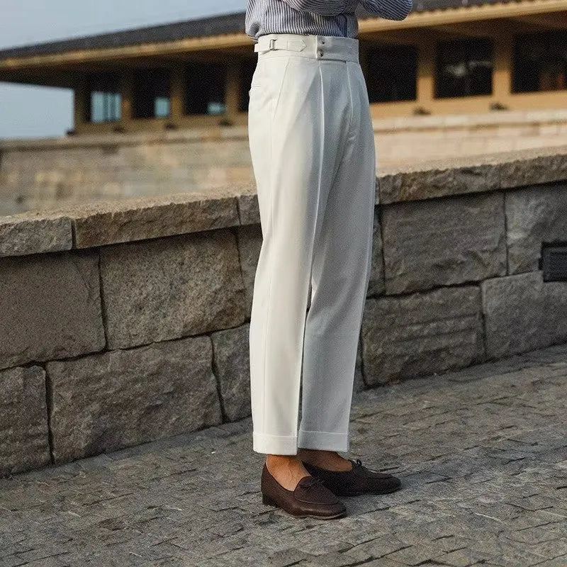Men's slim fit straight leg suit trousers in apricot, black, or white for business formal wear.