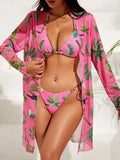 Women's floral printed mesh swimsuit three-piece set showing bra, swim trunks and cover-up blouse